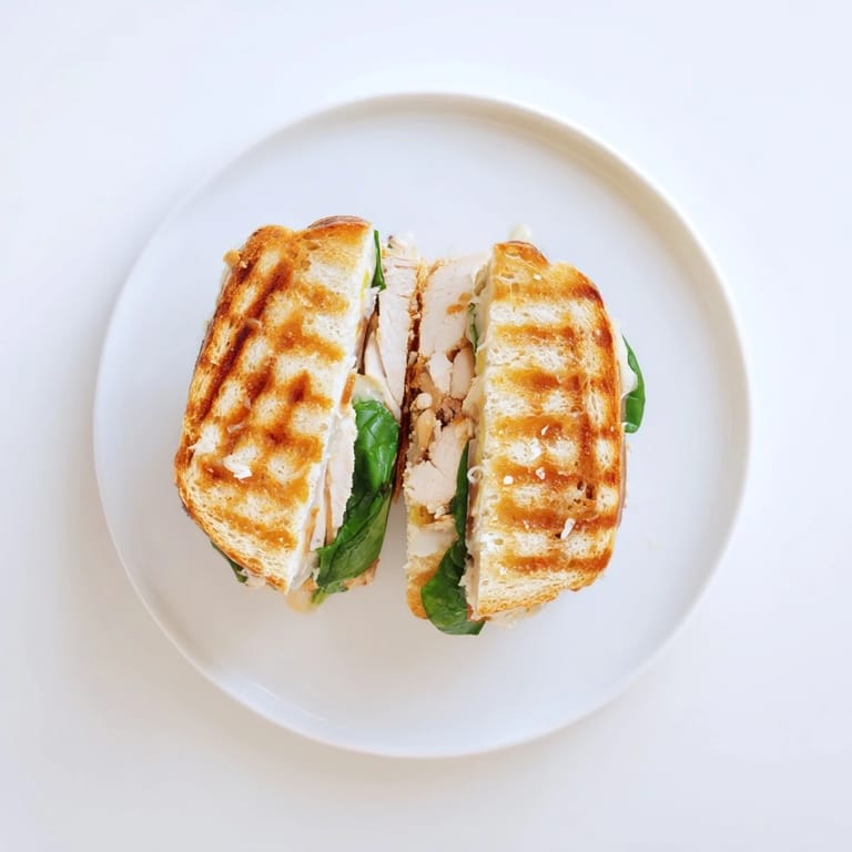 Fresh spinach and juicy grilled chicken layered in a Grilled Chicken Spinach Panini with garlic butter.