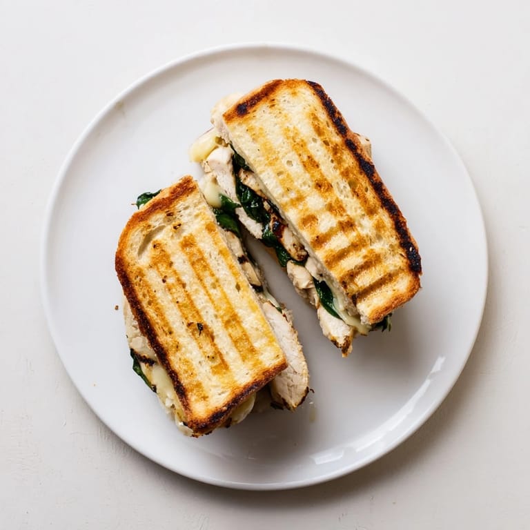 Savory Grilled Chicken Spinach Panini pressed to golden perfection, perfect with a side salad or tomato soup.