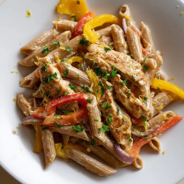 Plate of Creamy Cajun Chicken Pasta Lite alongside a crisp green salad, ready for a satisfying, lower-calorie dinner.