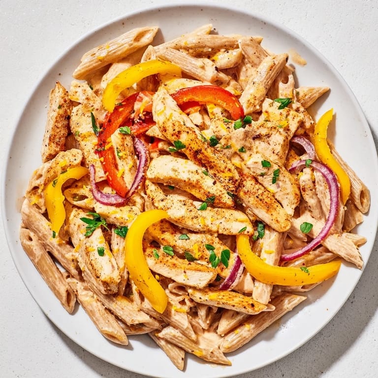 A spoonful of Creamy Cajun Chicken Pasta Lite reveals tender chicken strips and penne coated in a spicy, reduced-fat sauce.  