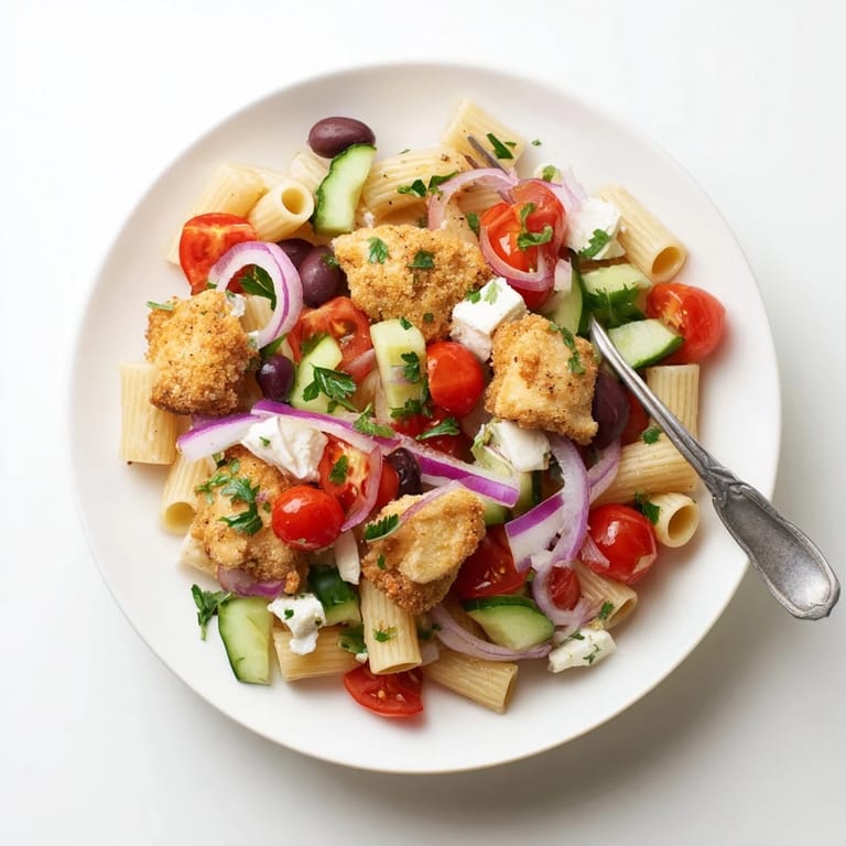A close-up view of Crispy Chicken Greek Pasta reveals juicy chicken, black Kalamata olives, and fresh parsley tossed with a zesty red wine vinaigrette.
