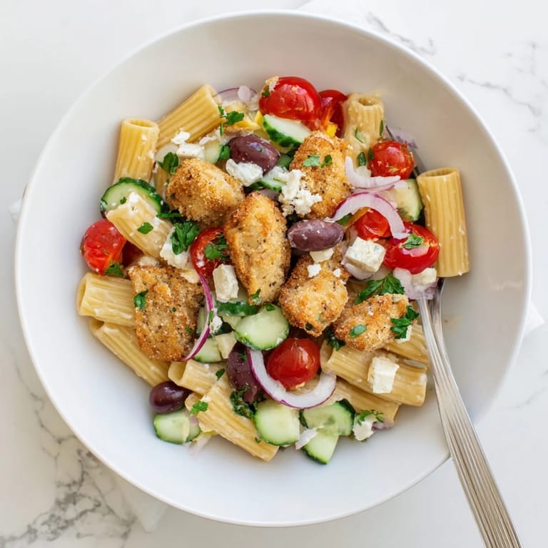 A vibrant serving of Crispy Chicken Greek Pasta features crunchy breaded chicken over fusilli, garnished with diced cucumber and tangy feta cheese.