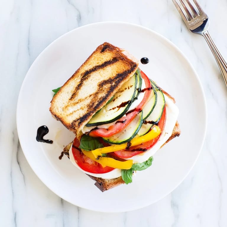 A close-up of a Roasted Veggie Caprese Grilled Cheese, with melted cheese stretching between layers of vibrant roasted vegetables and ripe tomatoes.