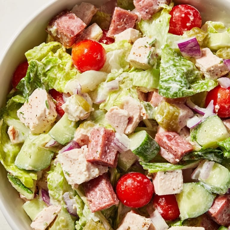 Italian Deli Chopped Chicken Salad in a white bowl, featuring diced cucumber, red onion, and glistening olive oil herb dressing with fresh oregano.  