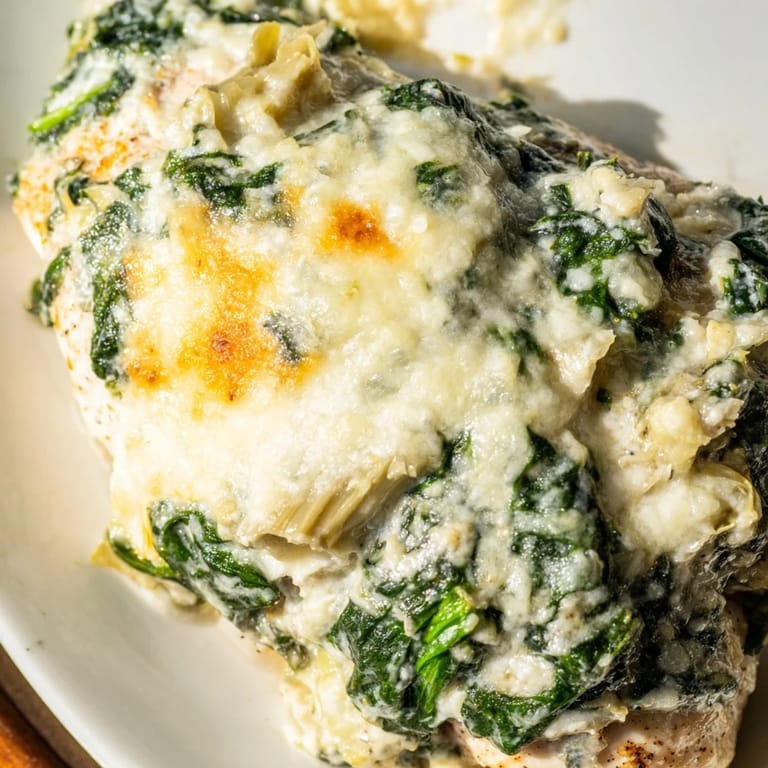 Freshly baked Spinach & Artichoke Chicken Bake served over rice, next to a crisp green salad for an easy, high-protein weeknight dinner.
