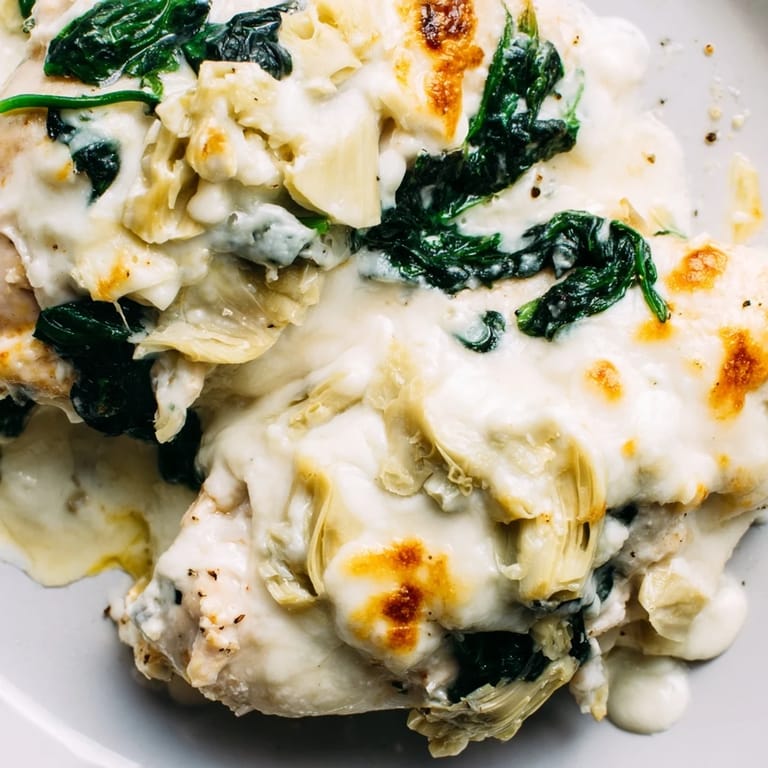 Tender chicken breasts smothered in a tangy Spinach & Artichoke Chicken Bake, with melty mozzarella and Parmesan, ready to slice and serve hot.