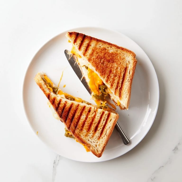 Melted pepper jack cheese and tangy pickled jalapeños peek from a crispy grilled cheese sandwich.