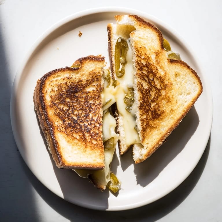 Toasted sourdough grilled cheese with creamy pepper jack and spicy jalapeños, served with a soup dip.
