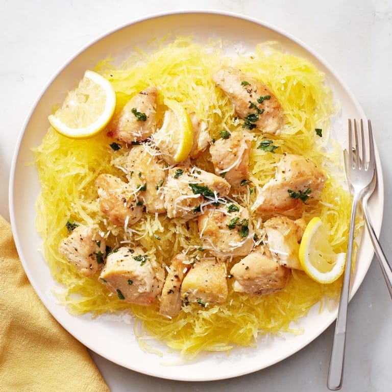 A close-up of fork-tender spaghetti squash noodles draped in zesty lemon garlic chicken, garnished with fresh parsley and a sprinkle of Parmesan for a savory finish.