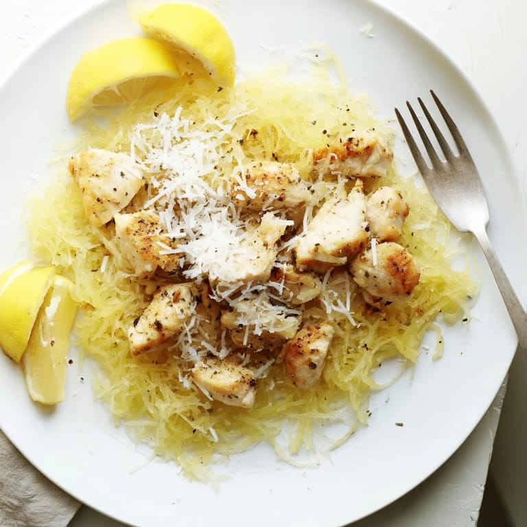 Lemon garlic chicken served over a warm plate of roasted spaghetti squash, with a lemon wedge and melted Parmesan cheese creating an inviting, gluten-free family meal.