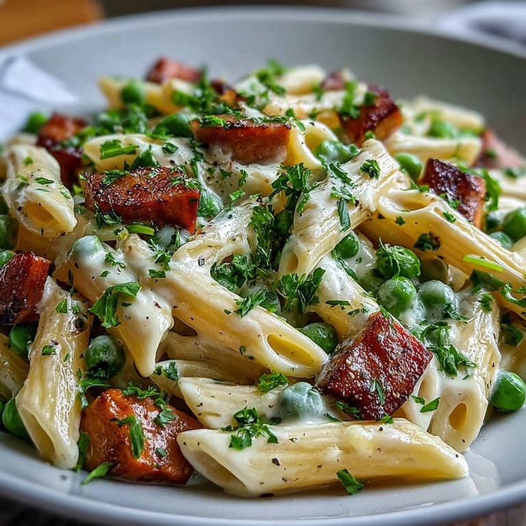 Spring Pea & Ham Pasta tossed with diced ham and peas, garnished with Parmesan, served on a rustic wooden table.