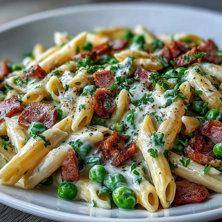 A hearty bowl of Spring Pea & Ham Pasta with creamy sauce, peas, and ham, ready to serve with a glass of white wine.