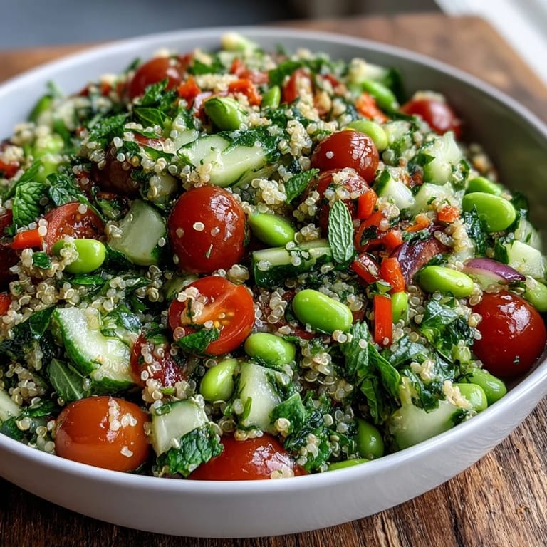 Colorful chilled edamame and quinoa salad, perfect light meal or vibrant side.