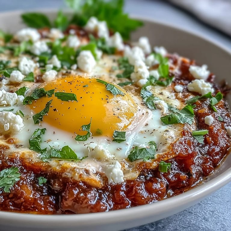 Hearty shakshuka, a colorful pan of eggs and flavorful tomato sauce.