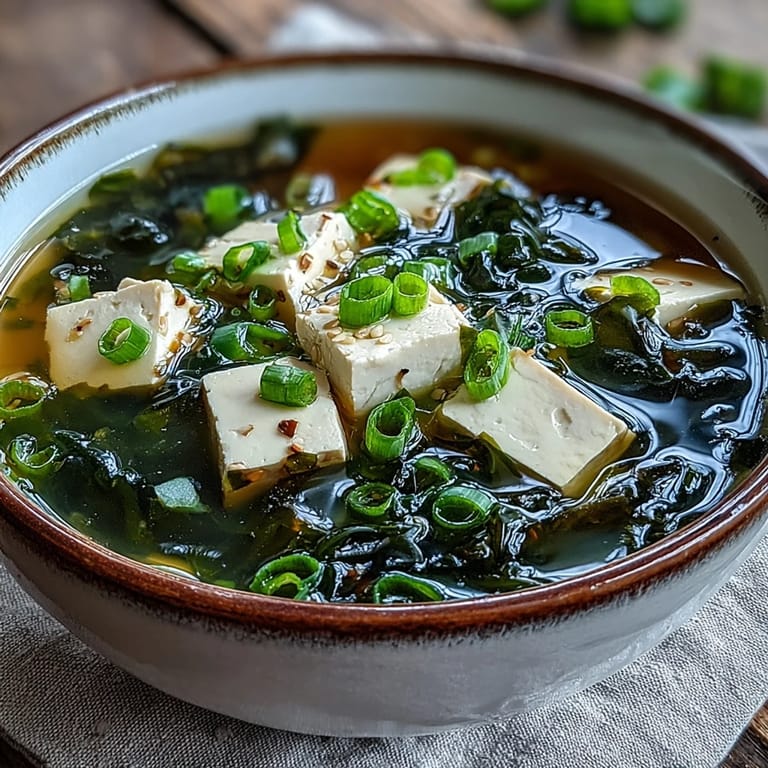 Hearty miso soup with tofu and vibrant green scallions, ready to eat.