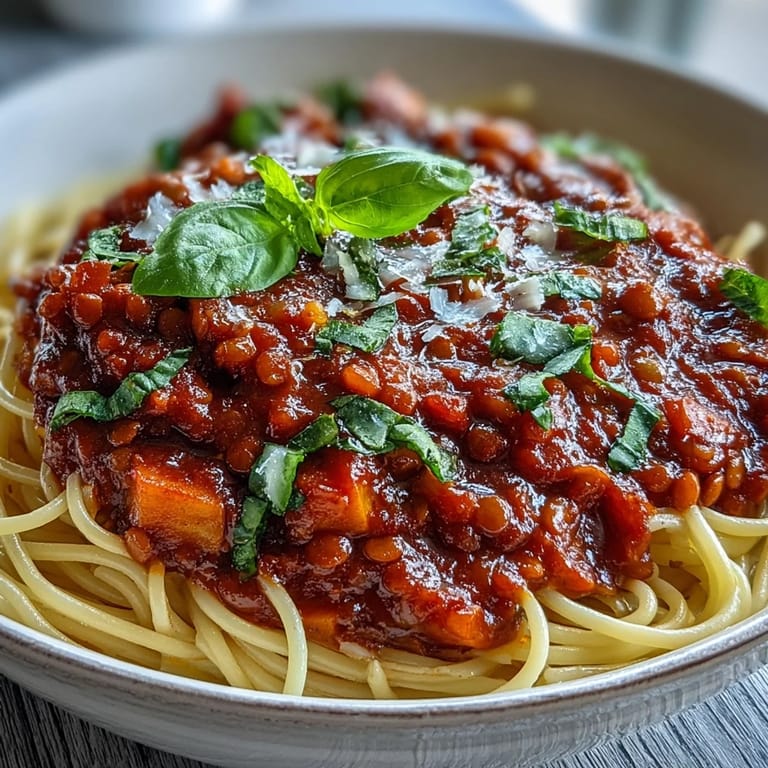 Comforting Lentil Bolognese, a vibrant meatless pasta sauce steaming in a rustic bowl.