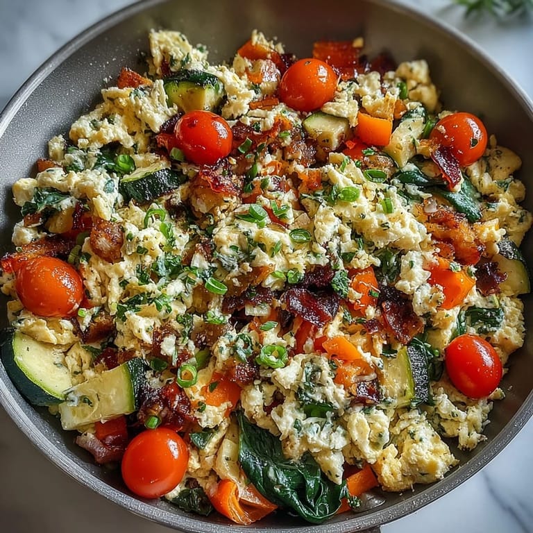 Fluffy Egg and Vegetable Scramble, a healthy, quick meal served steaming hot with fresh herbs.