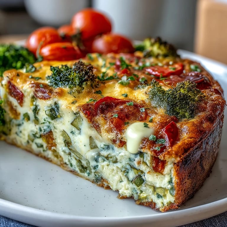 Golden brown vegetable frittata, packed with fresh ingredients, ready to serve.