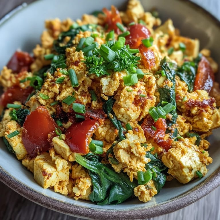 Hearty tofu scramble, seasoned with turmeric and spices, ready for brunch.