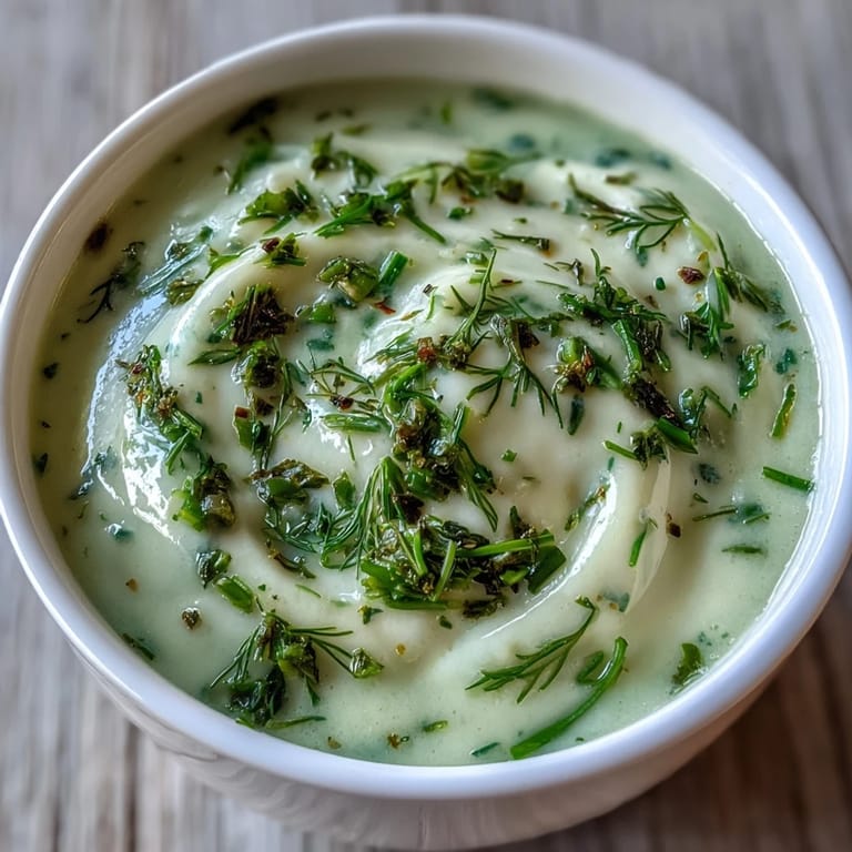 A close-up of silky-smooth creamy celery and herb soup in a rustic bowl, with a swirl of cream and dill.