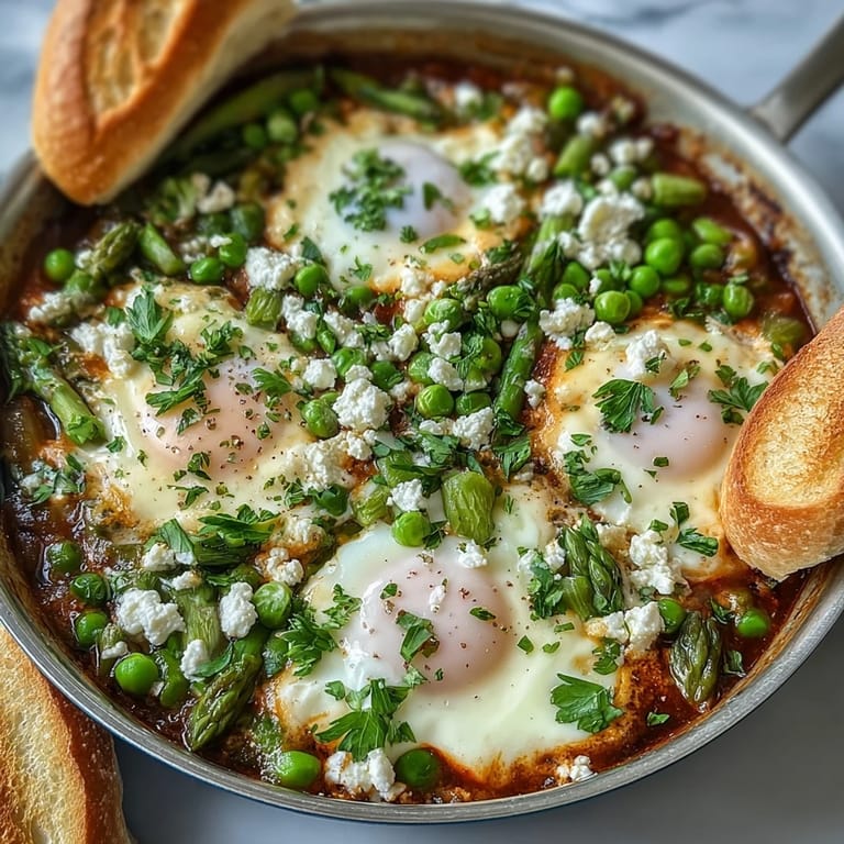 A close-up of Pea and Broad Bean Shakshuka, showcasing crumbled feta, fresh parsley, and runny yolks in a spiced tomato sauce.