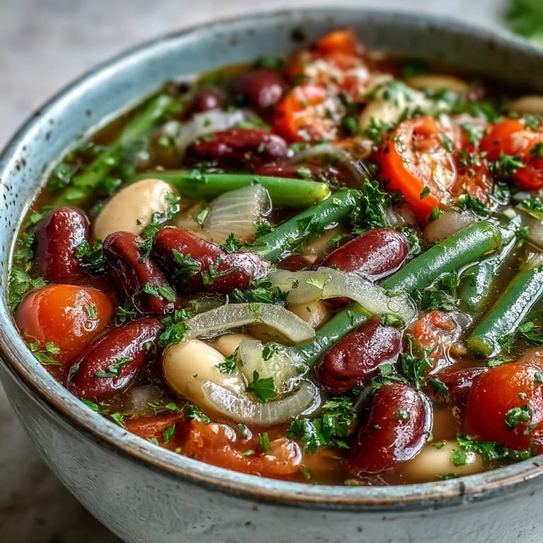 Close-up of Three-Bean Salad Soup in a rustic bowl, showcasing tender beans and a rich, vegetable-based broth.