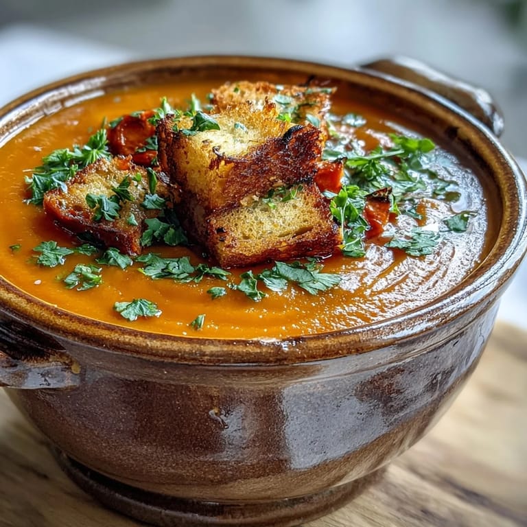 An overhead view of roasted vegetable soup beside a spoon and ingredients like carrots and red bell peppers.