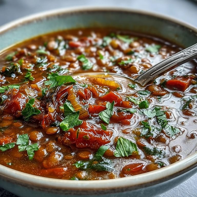 A warm bowl of Tomato Lentil Soup garnished with fresh parsley and a lemon wedge, ready to serve with crusty bread.