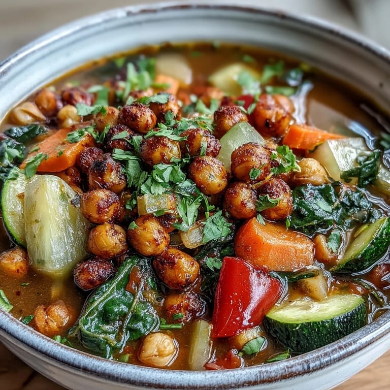 Hearty spiced chickpea and vegetable soup simmering in a pot, featuring vibrant diced carrots, zucchini, and kale in a rich, aromatic tomato-based broth.