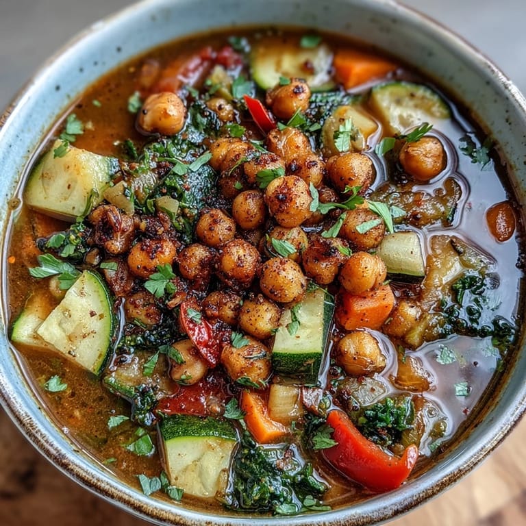 Close-up of a spoon dipping into a bowl of spiced chickpea and vegetable soup, revealing tender vegetables and perfectly crisp roasted chickpeas.
