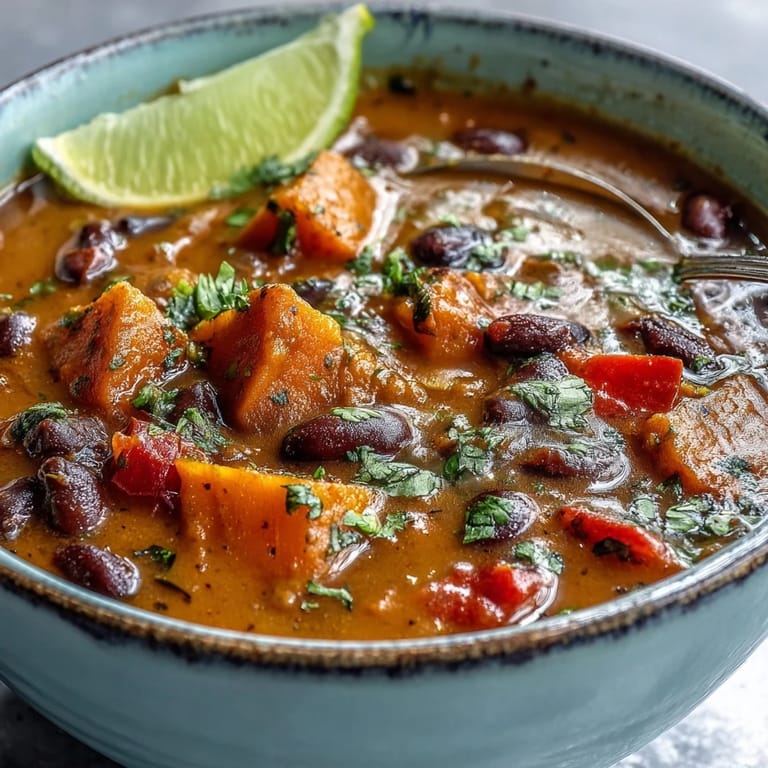 Rustic ladle pouring Sweet Potato and Black Bean Soup into a white ceramic bowl, revealing vibrant orange and black speckles.