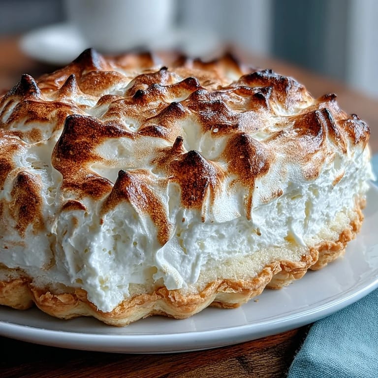 Whole homemade Lemon Meringue Pie with high, fluffy meringue topping and a dusting of powdered sugar on a rustic wooden table.