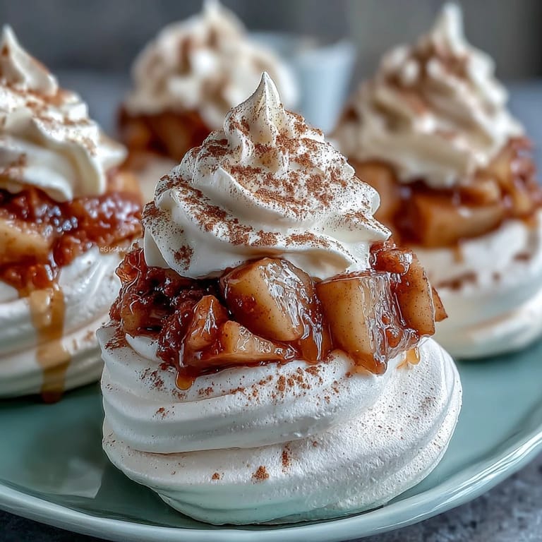 A close-up of Mini Hot Toddy Pavlovas reveals airy meringue, creamy topping, and warm cinnamon-dusted pears.