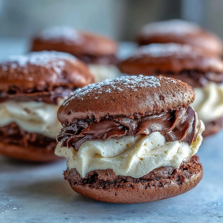 Tiramisu Whoopie Pies, elegant dessert sandwiches with cocoa-dusted tops and luscious coffee mascarpone filling on a platter.
