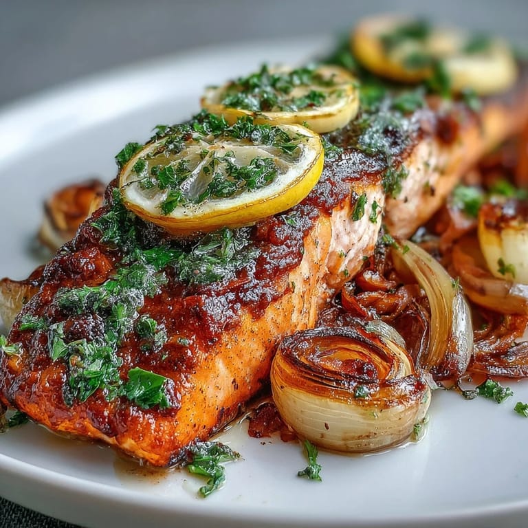 Easy gluten-free One-Pan Roast Salmon With Leeks, Onions, and Parsley Dressing for a healthy weeknight dinner.