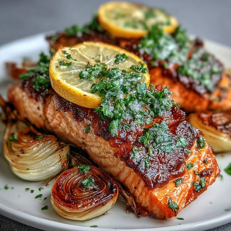 Roasted One-Pan Roast Salmon With Leeks, Onions, and Parsley Dressing served on a white plate with lemon slices.