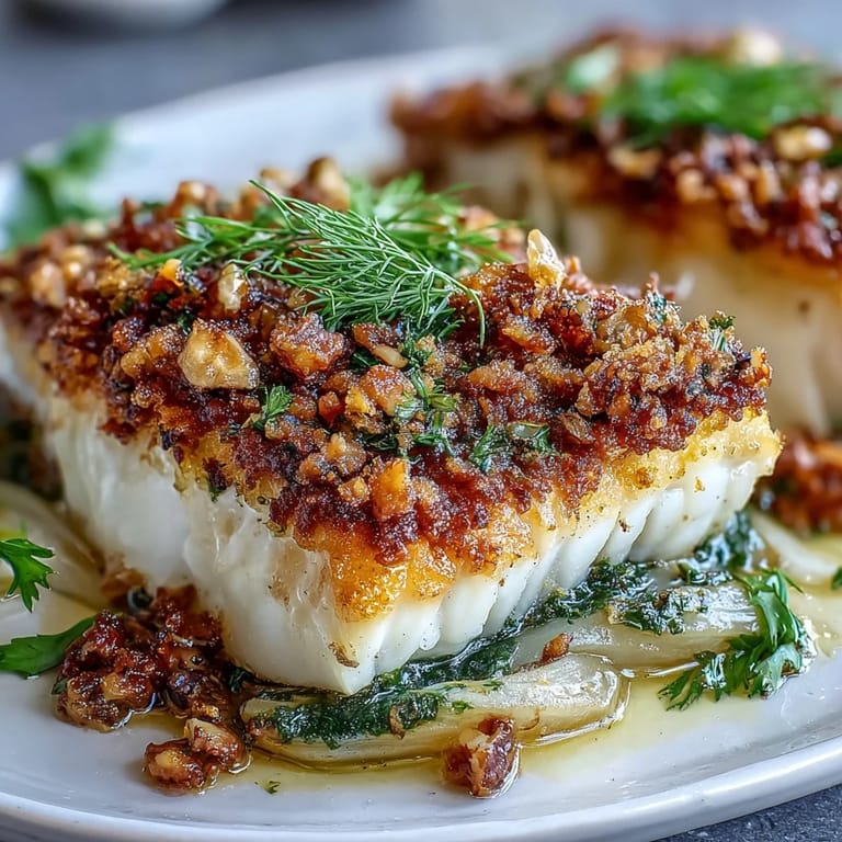 A close-up of a flaky, tender baked halibut fillet garnished with fresh parsley and lemon zest.