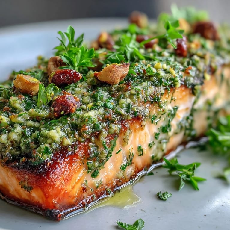 Golden, nutty crust on poached salmon fillet with tahini and fresh dill, glistening with olive oil on white ceramic.