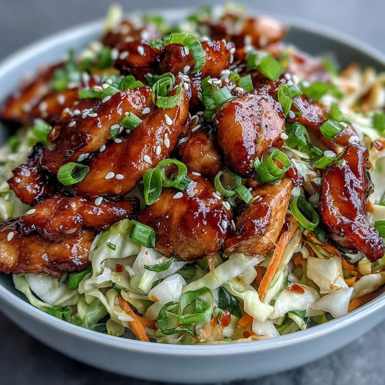 An overhead view of a hearty serving of Egg Roll Bowls with Chicken and Cabbage, with a side of rice and a drizzle of spicy chili crisp.
