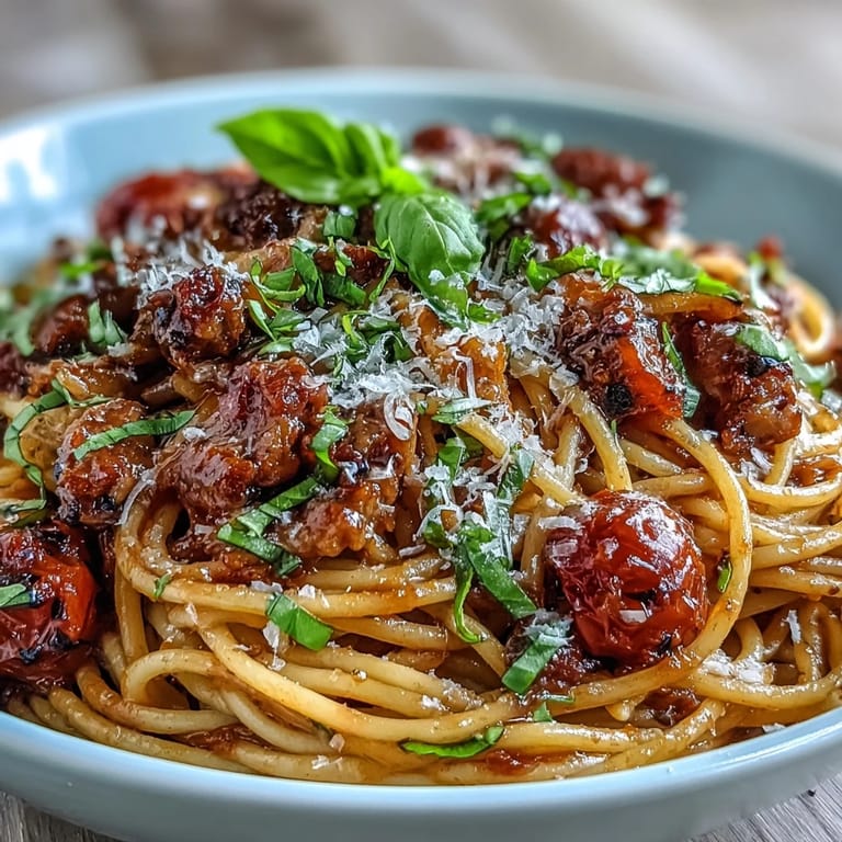 Close-up of Italian Drunken Noodles showing tender pasta coated in a glossy, wine-kissed sauce with crumbled sausage, sliced onions, and melted Parmesan, ready for a weeknight dinner.