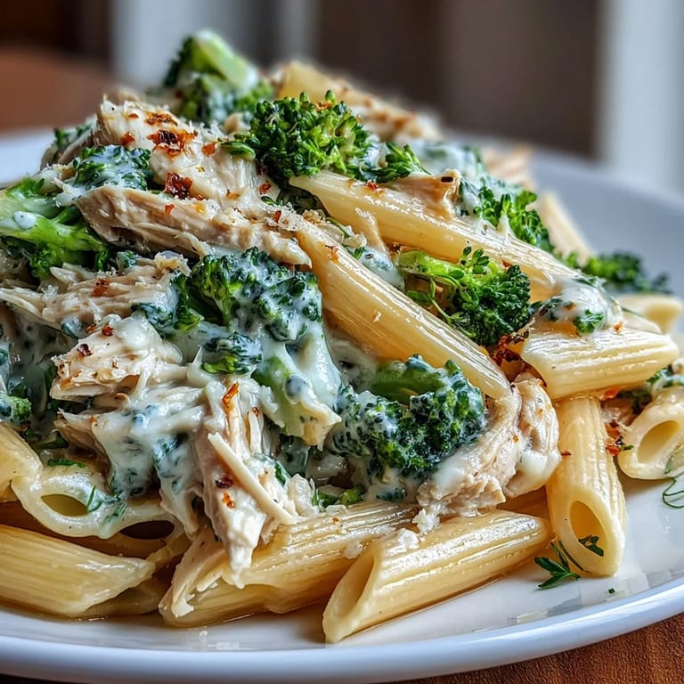 Steaming High Protein Rotisserie Chicken Broccoli Pasta in a skillet, where silky yogurt sauce clings to each penne and broccoli bite.