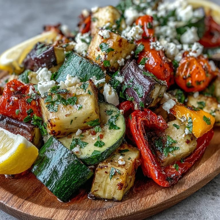 A close-up of Roasted Mediterranean Greek Vegetables, showcasing caramelized edges, garlic, and herbs, ready to enjoy as a vegetarian side or main.