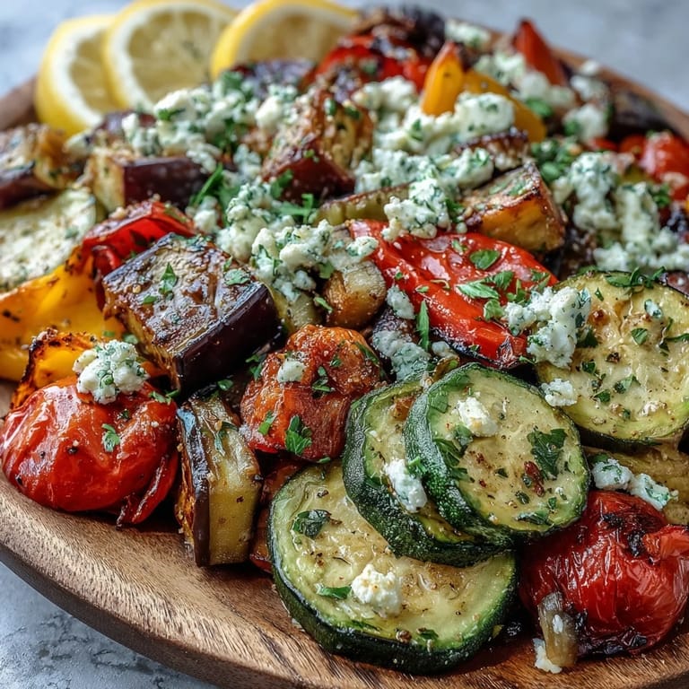 Vibrant roasted eggplant, zucchini, bell peppers, and cherry tomatoes for Roasted Mediterranean Greek Vegetables, drizzled with lemon and olive oil.