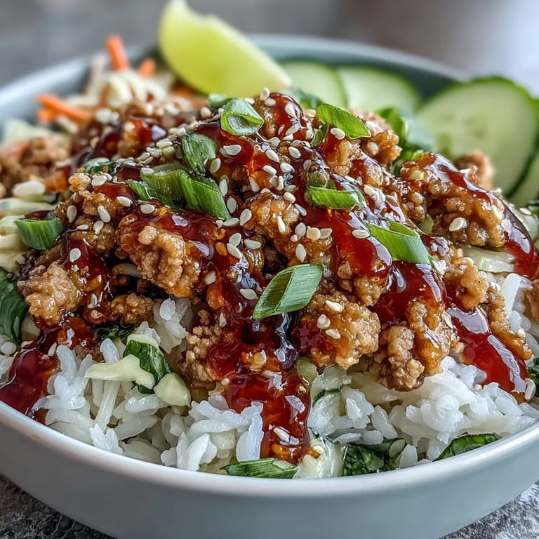 Hearty, dairy-free Bang Bang Ground Turkey Rice Bowls with colorful carrots, cucumbers, and red cabbage ready to serve.