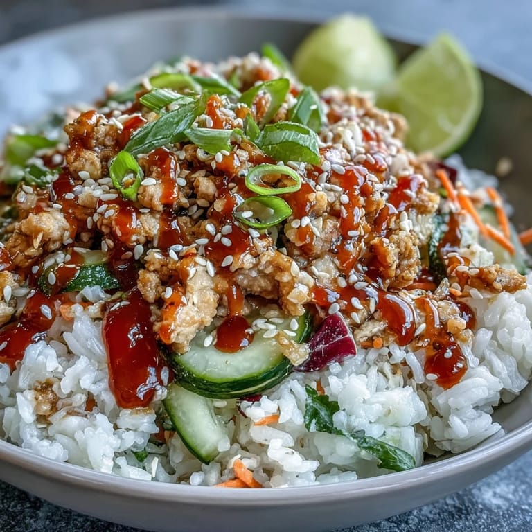 A close-up of Bang Bang Ground Turkey Rice Bowls garnished with sesame seeds, scallions, and fresh lime wedges.