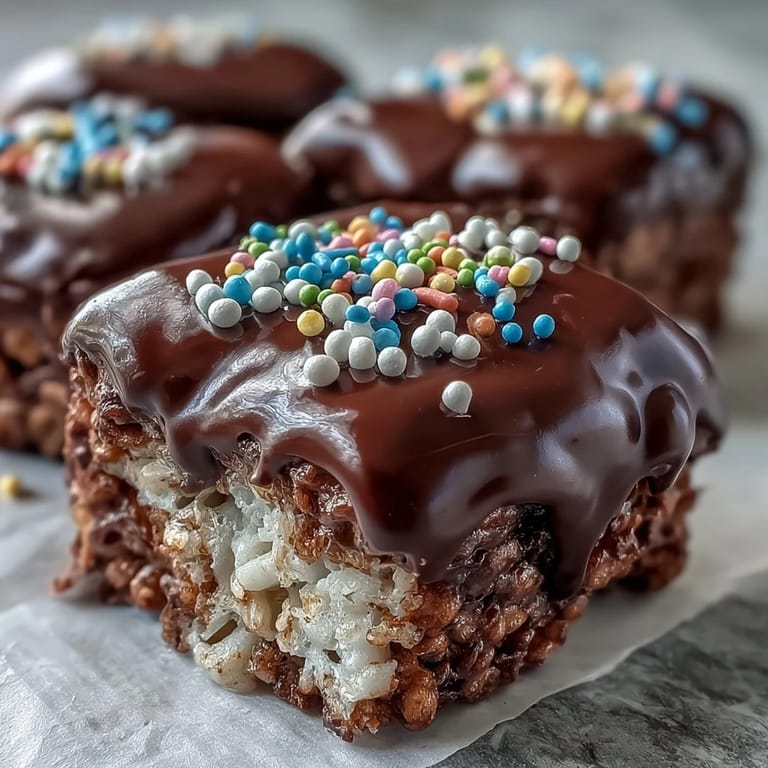 A close-up shows one cut bar of Chocolate Covered Rice Krispy Treats, revealing a thick chocolate topping with rainbow sprinkles and a fluffy, marshmallow center.