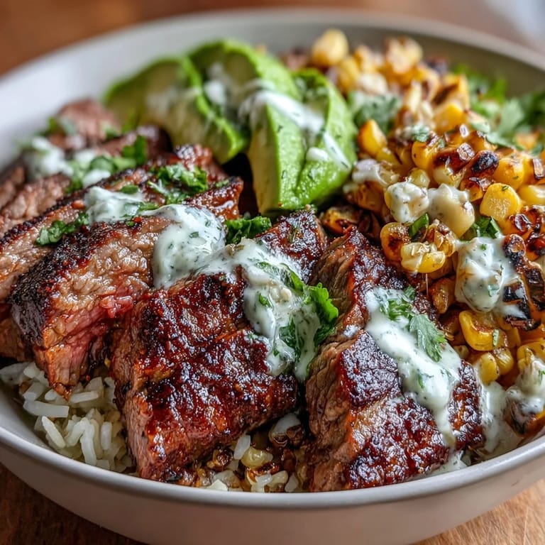 Hearty grains hold tender steak, sweet corn, and juicy tomatoes, topped with avocado slices and a drizzle of zesty cilantro cream sauce in this vibrant, gluten-free bowl.