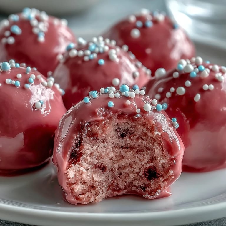 Sweet pink glazed Oreo truffle balls garnished with edible pearls on a cooling rack.  
