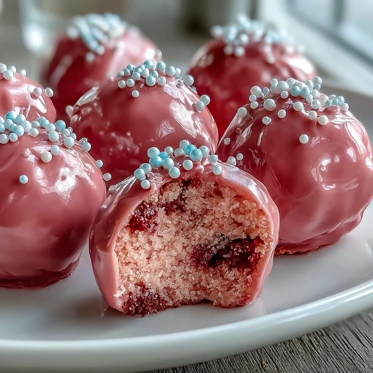 Creamy Oreo truffle balls dipped in glossy pink candy coating with rainbow sprinkles.