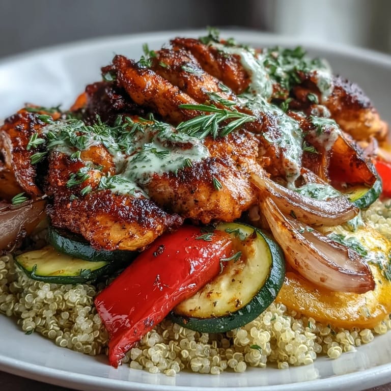 Fresh parsley and a dollop of Greek yogurt garnish the hearty paprika herb chicken roasted vegetable quinoa bowl, served with bright lemon wedges.
